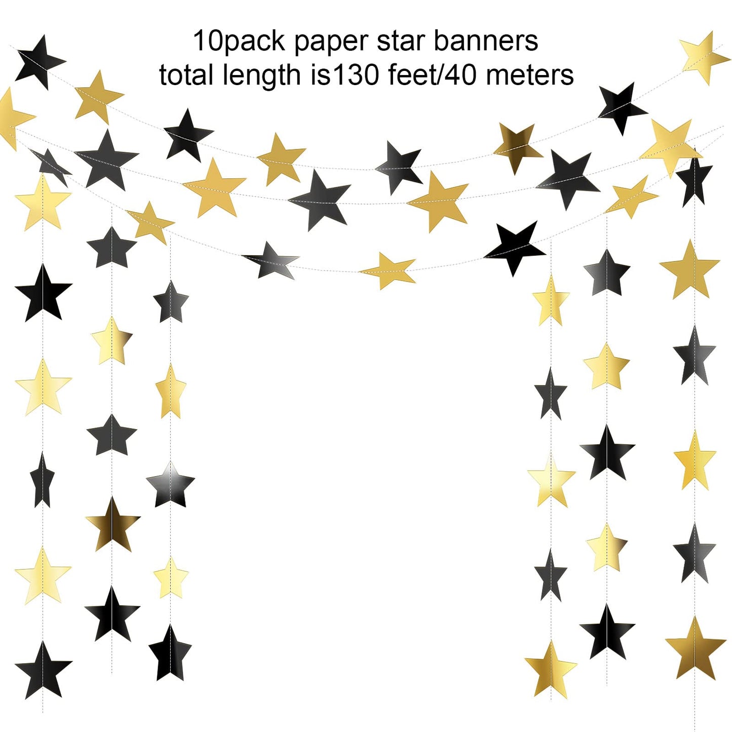Patelai Glitter Star Garland Banner 2026 Graduation Decor 130 Feet Star Hanging Banner Twinkle Backdrop for Party Birthday Classroom Wedding Supplies(Black, Gold)