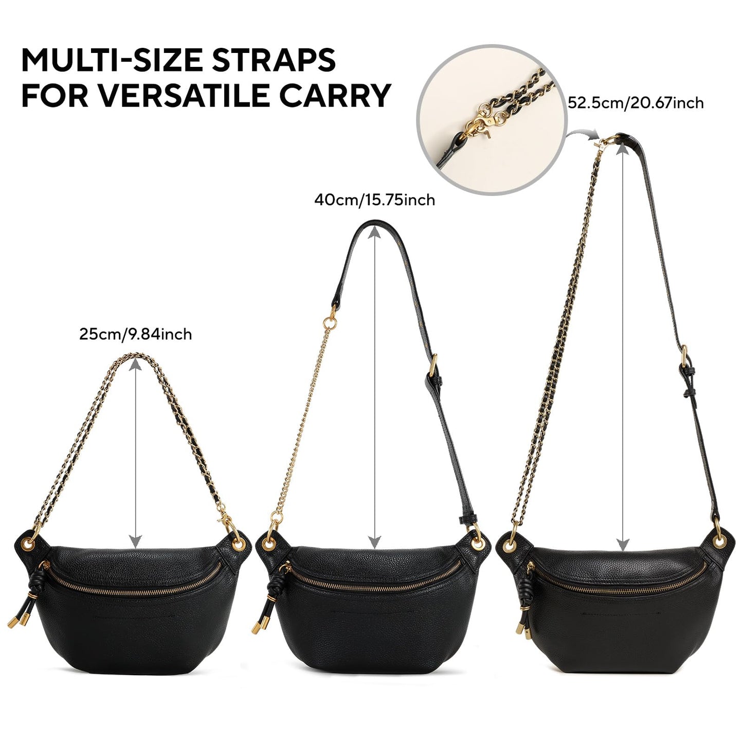 ITAMOOD Genuine Leather Waist Packs for Women, Fashion Fanny Pack Belt Bag, Luxury Designer Trendy Crossbody Bag, Festival Bum Bags for Sports Traveling Running With Chain Straps