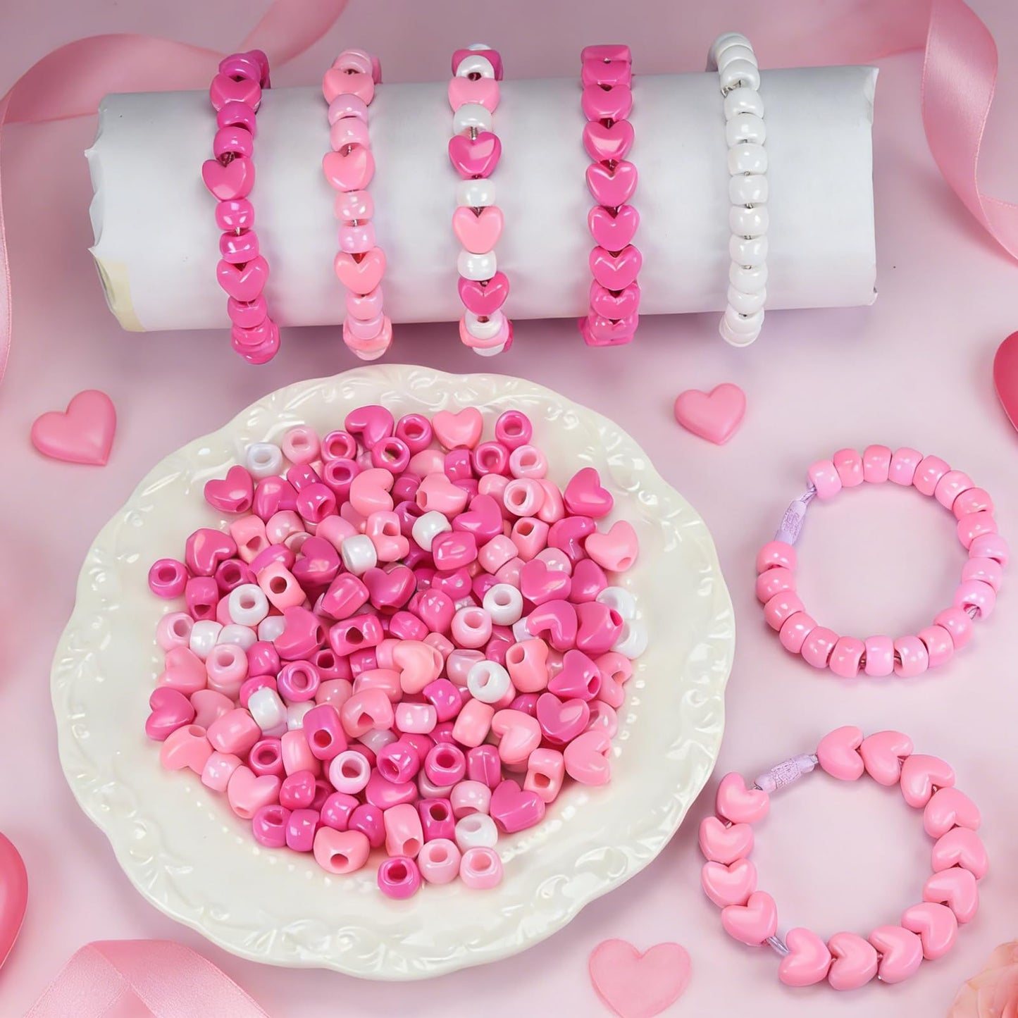 1200pcs Valentine Beads Assortment - Pink Red Pony Bead and Heart Beads for Jewelry Making, DIY Crafts, Valentine's Party Decorations,Necklace, Bracelets, Earrings, Hair Bead (Valentine Pink 1200PCS)