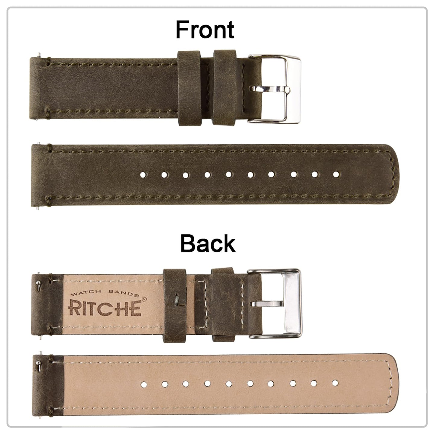 Ritche Leather Watch Strap with Quick Release Pins, 20mm Replacement Watch Band for Men and Women, Fits Smartwatches & Traditional Watches