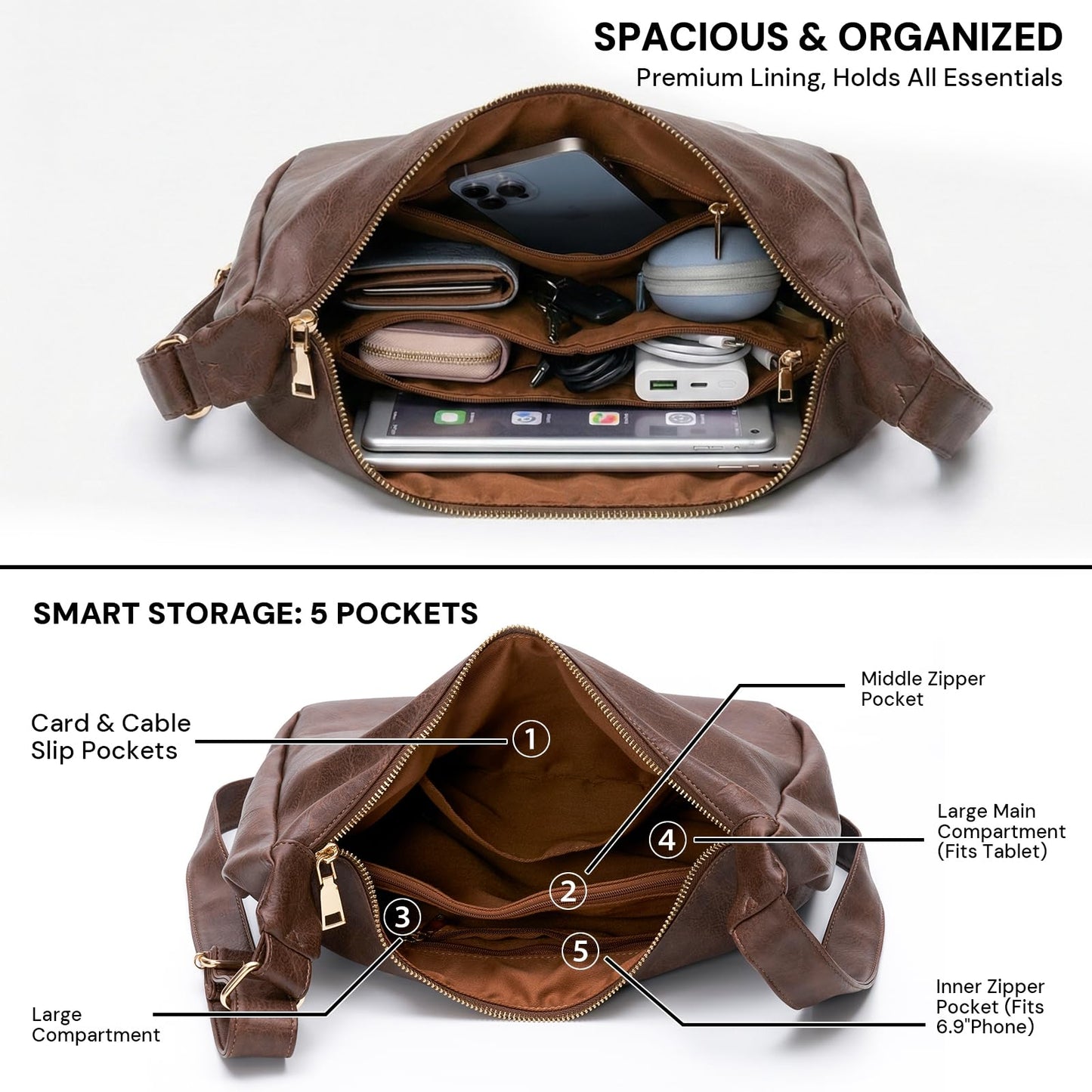 Purses for Women Slouchy Shoulder Bag Hobo Bag Soft Vegan Leather Adjustable Wide Strap Crossbody Tote Multi Pocket Handbags (Brown)