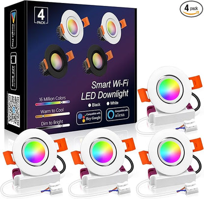 LEDLightsWorld Smart Recessed Lighting 2 Inch RGBCW Color Changing Downlight, 110V 5W, CRI 80, Wi-Fi LED Recessed Ceiling Light with Driver, Compatible with Alexa/Google Assistant, 4 Pack