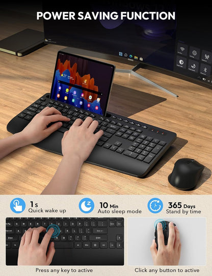 Wireless Keyboard and Mouse Combo, 2.4G Lag-Free Keyboard Set with Ergonomic Wrist Rest, Phone Holder, Silent Keyboard Cordless Set for Computer, Batteries Included, Laptop, PC, Mac, Windows -SABLUTE