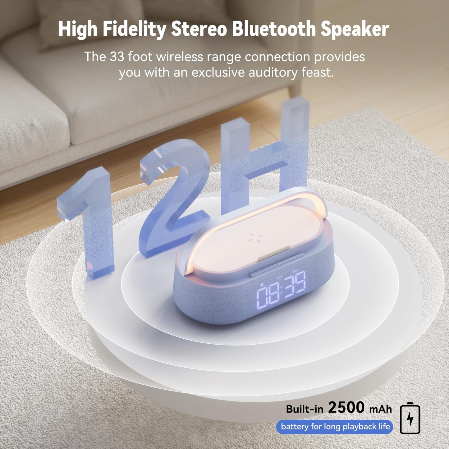FREEFISH 6-in-1 Bluetooth Speaker with Wireless Charging, FM Radio,Bedrooms Dimmable Nights Light, Snooze Function for Home, Office, Wireless Charger Compatible iPhones 16/15/14/13/12