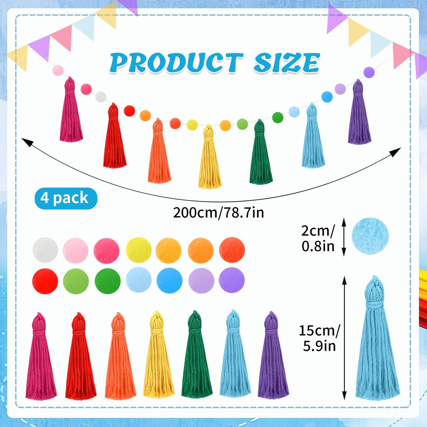 MARFOREVER 4 Pack 26.3 Feet Rainbow Tassel Pom Pom Garland Decorations Garland Banner Hanging Supplies for Back to School Decor Nursery Wall School Classroom Christmas Tree Birthday Party