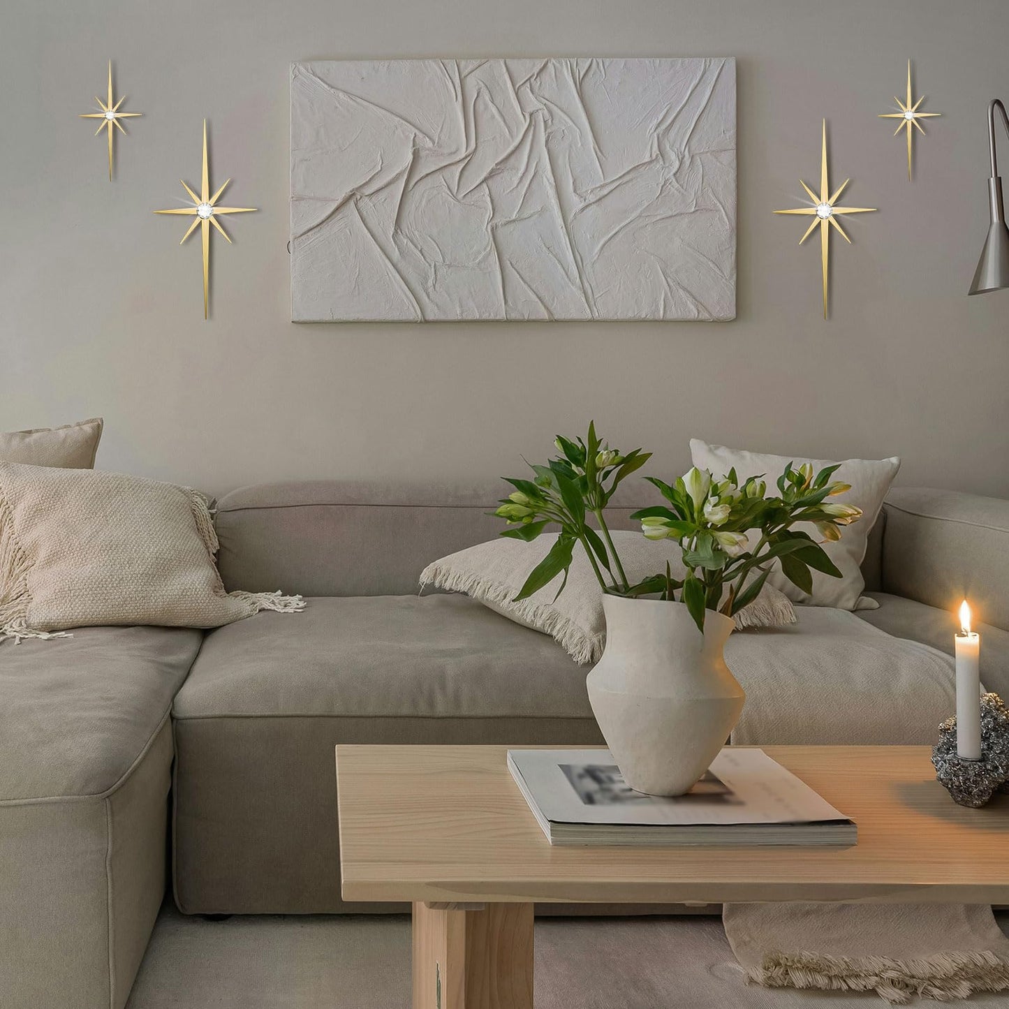 Sxnzequnze 4 Pcs Star Wall Art for Home Decor Living Room Bedroom Office Metal 3D,Bling,with Hanging Hook Starburst Midcentury Sculpture Retro Gallery Accent Celestial -Gold 16.5in/9.4in