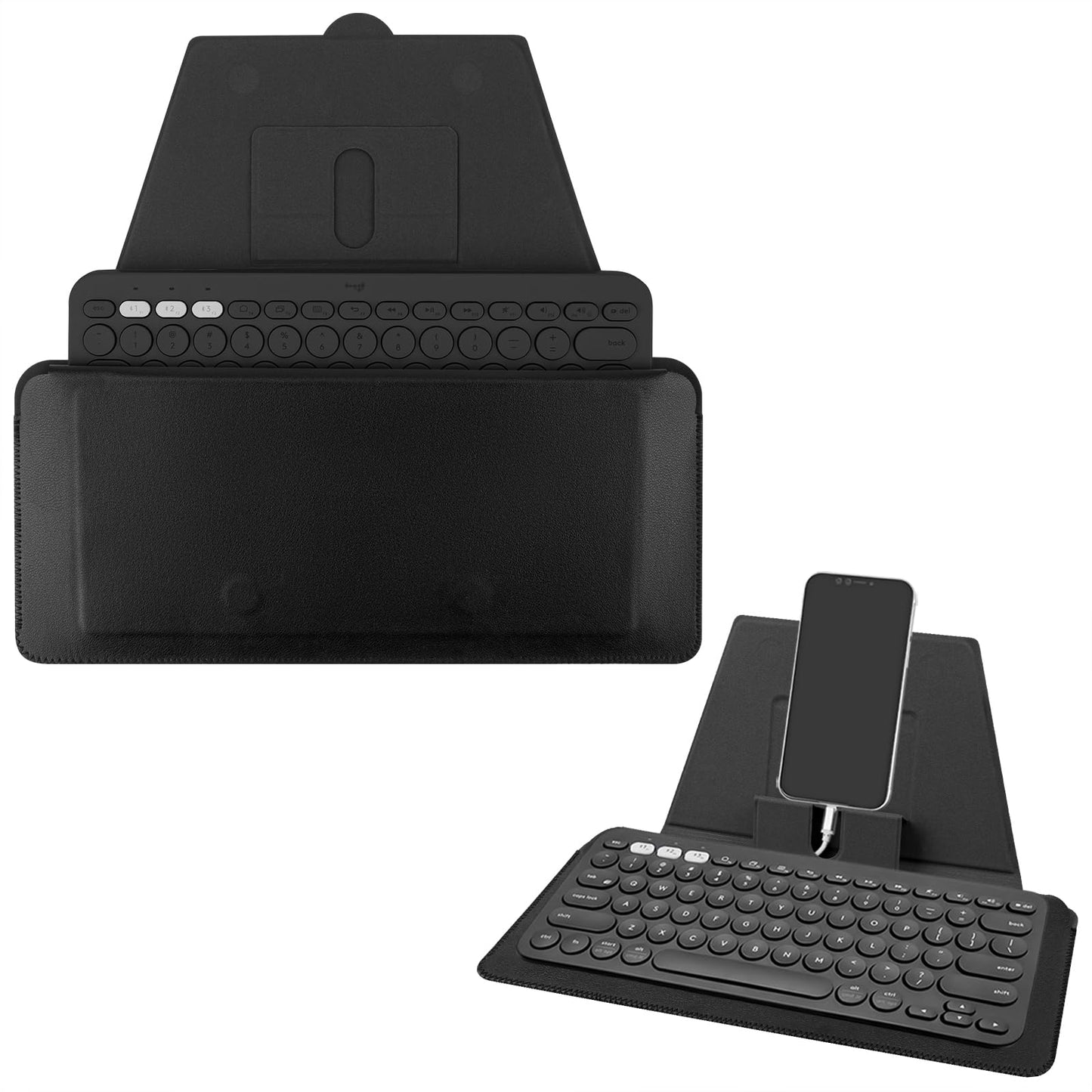 GEEKRIA Compact Keyboard Case, Vegan Leather Travel Case with Phone and Tablet Holder, Keyboard Case Compatible with Magic Keyboard, Logitech K380/Pebble Keys 2 K380s (Dark Grey)
