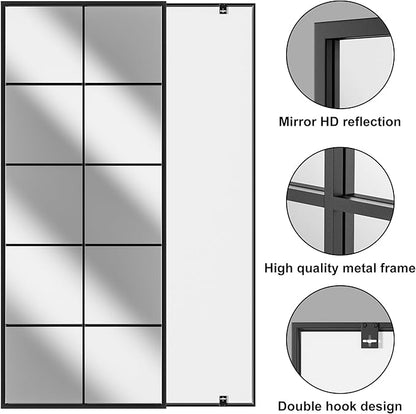 Full Length Mirror, 65"x24" Window Pane Mirror for Wall Decor, Black Full Body or Wall Mounted Mirrors, Farmhouse Standing Mirrors Hanging or Leaning for Living Room, Entryway, No Stand