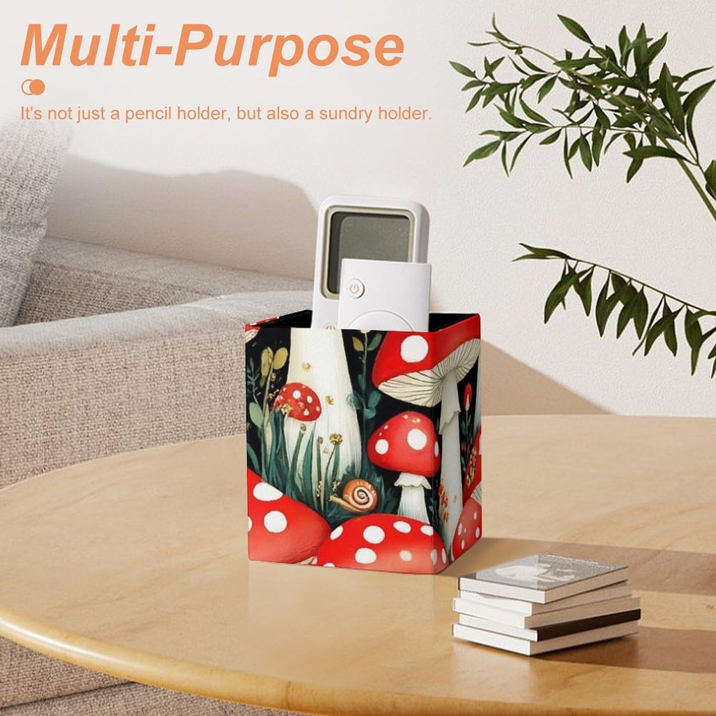 UTRSIFB Pen Holder Square Leather Pencil, Holder Cup Makeup Brush Storage Organizer, Waterproof Multifunctional Office Supplies Wild Mushrooms