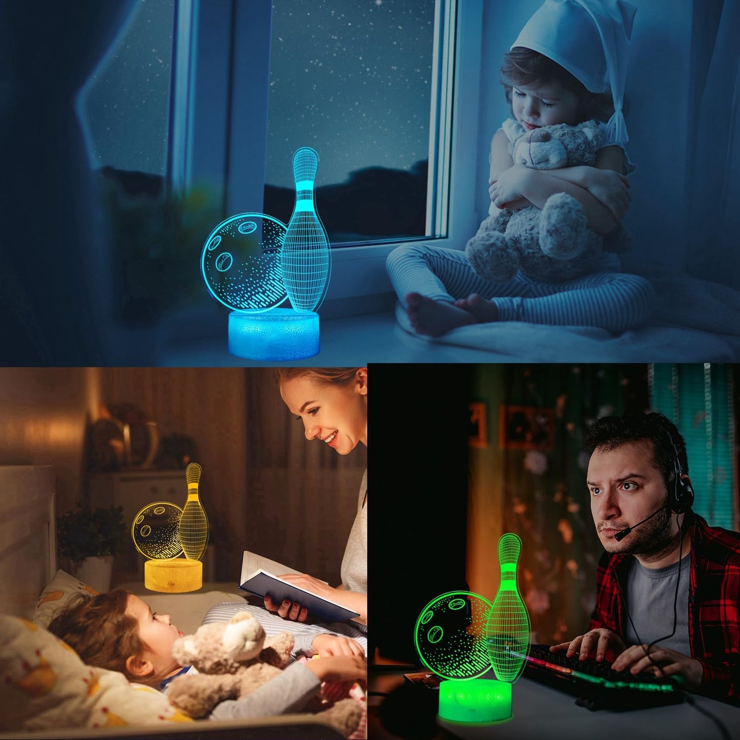 POSSHE Bowling Night Light, Bowling Gifts 3D Illusion Lamp with 16 Colors Changing, Timer, 4 Flash Modes and Dimmable, Kids Boys Girls Room Decoration, Holiday Xmas Gifts