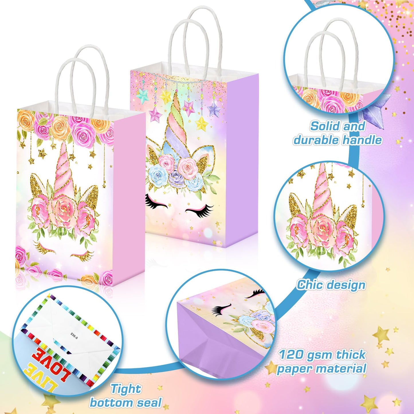 Kolldenn 24 Pcs Unicorn Party Favor Bags for Birthday Party Supplies Cute Unicorn Gift Goodie Paper Bags with Handles Rainbow Goody Treat Candy Pouch‌ for Girls Birthday Baby Shower Decorations