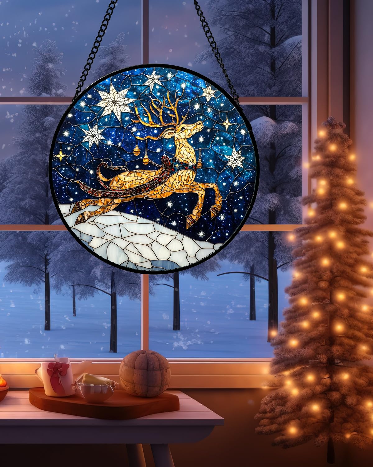 HWRHTR Stained Glass Window Hanging - Reindeer Blue Starry Sky Suncatcher for Doors Home Christmas Decoration Winter Sun Catcher Thanksgiving New Year Birthday Gifts for Women Men Mom Nana 9.8 in
