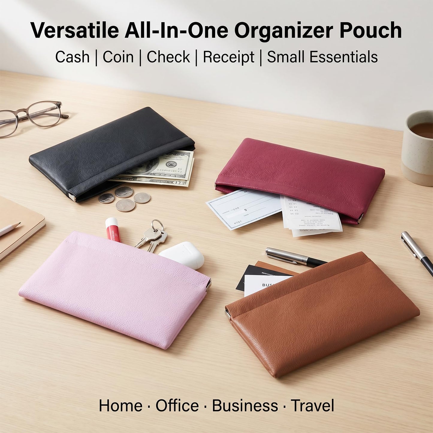 4 Pcs Leather Cash Bag, Squeeze Top Money Bag, Portable Cash Holder for Money Saving & Budgeting, Bank Deposit Bags for Coins, Invoice, Makeup Bills Receipts Tool Storage（Red,Pink,Black,Brown）