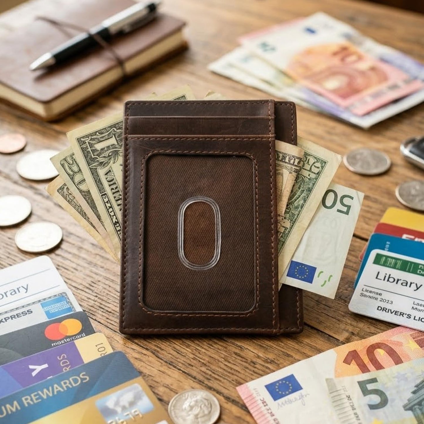 ili New York Genuine Leather Slim RFID Card Holder for Men - 7 Slots, Clear ID Window with Thumb Slide, Compact 4.5" x 3", Minimalist Credit Card Holder for Front or Back Pocket - Black