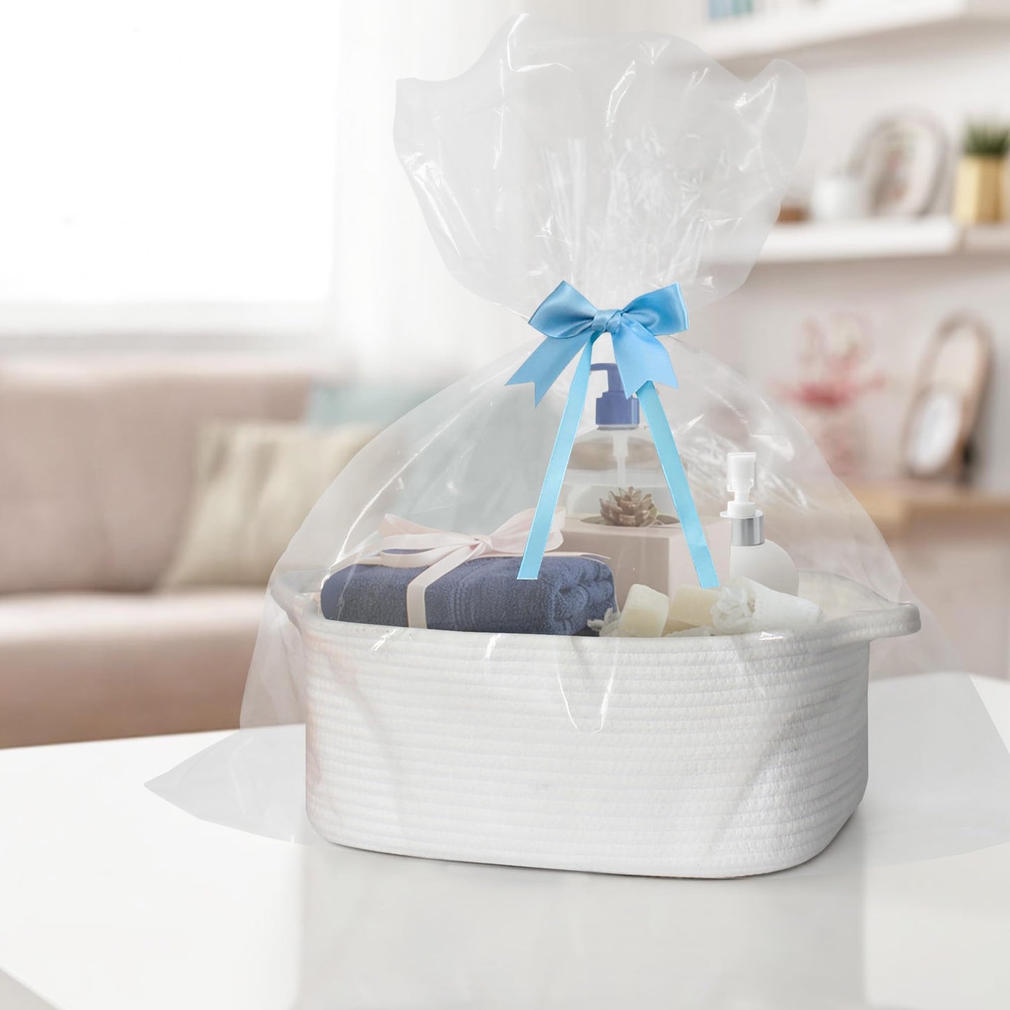 MEGASKET White Cute Cotton Rope Baskets for Organizing, 13.5"x10"x6" Woven Basket for Gifts Empty, Baby Nursery Closet Storage Organizer Bin, Cat Toy Bin Box, Decorative White Easter Gift Basket Empty