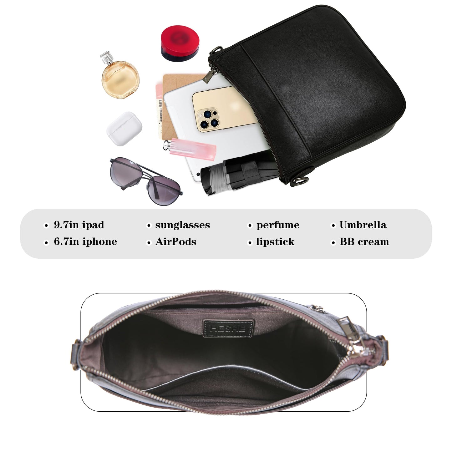 HESHE Genuine Leather Crossbody Purses for Women Shoulder Bags Hobo Purse Casual Ladies Handbags Designer Satchel Bags Cross Body Bag(Black)