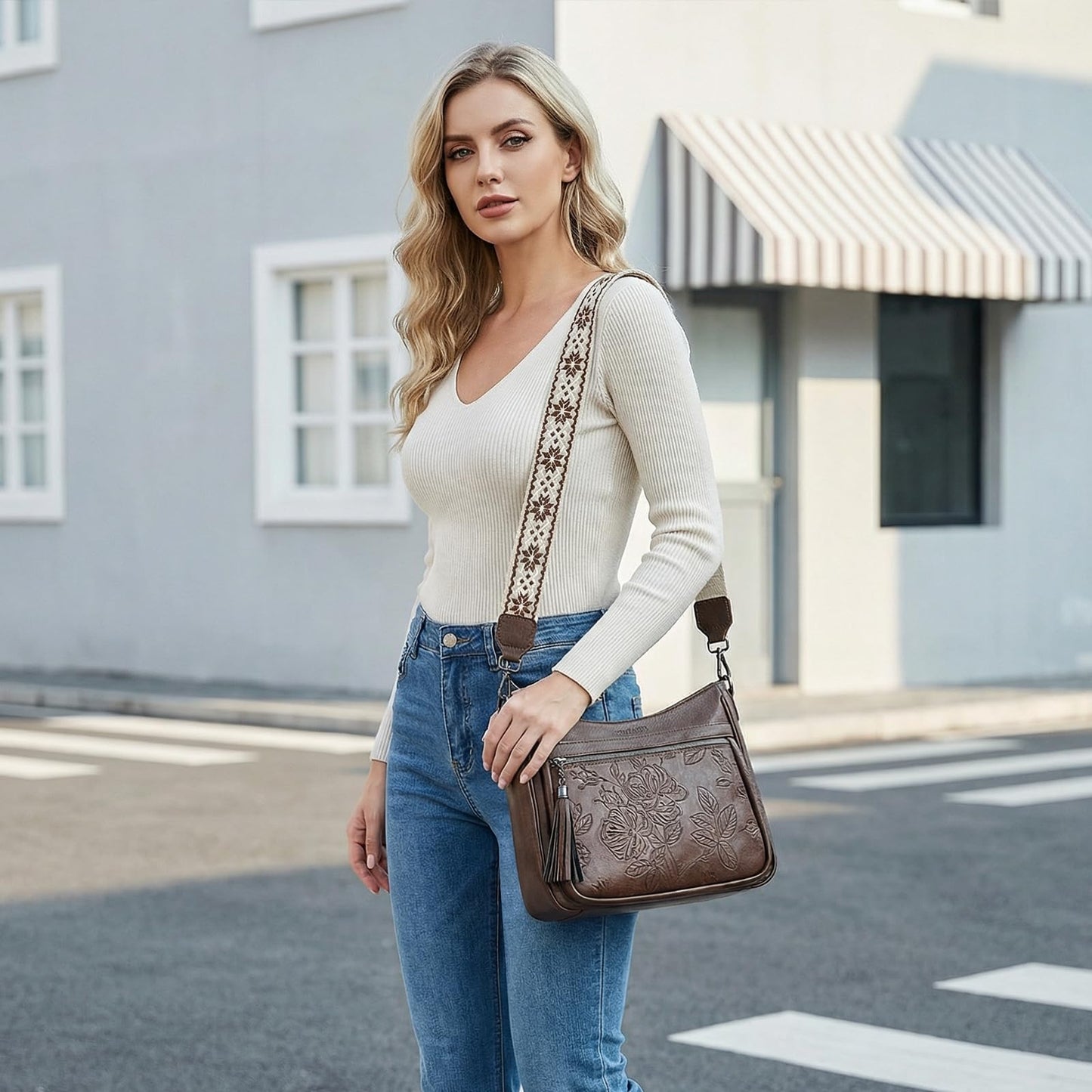 FORUWISH Crossbody Bags for Women, Coffee Brown Vegan Leather Medium Crossbody Purse, Spacious Daily Travel Shoulder Bag with Boho Strap