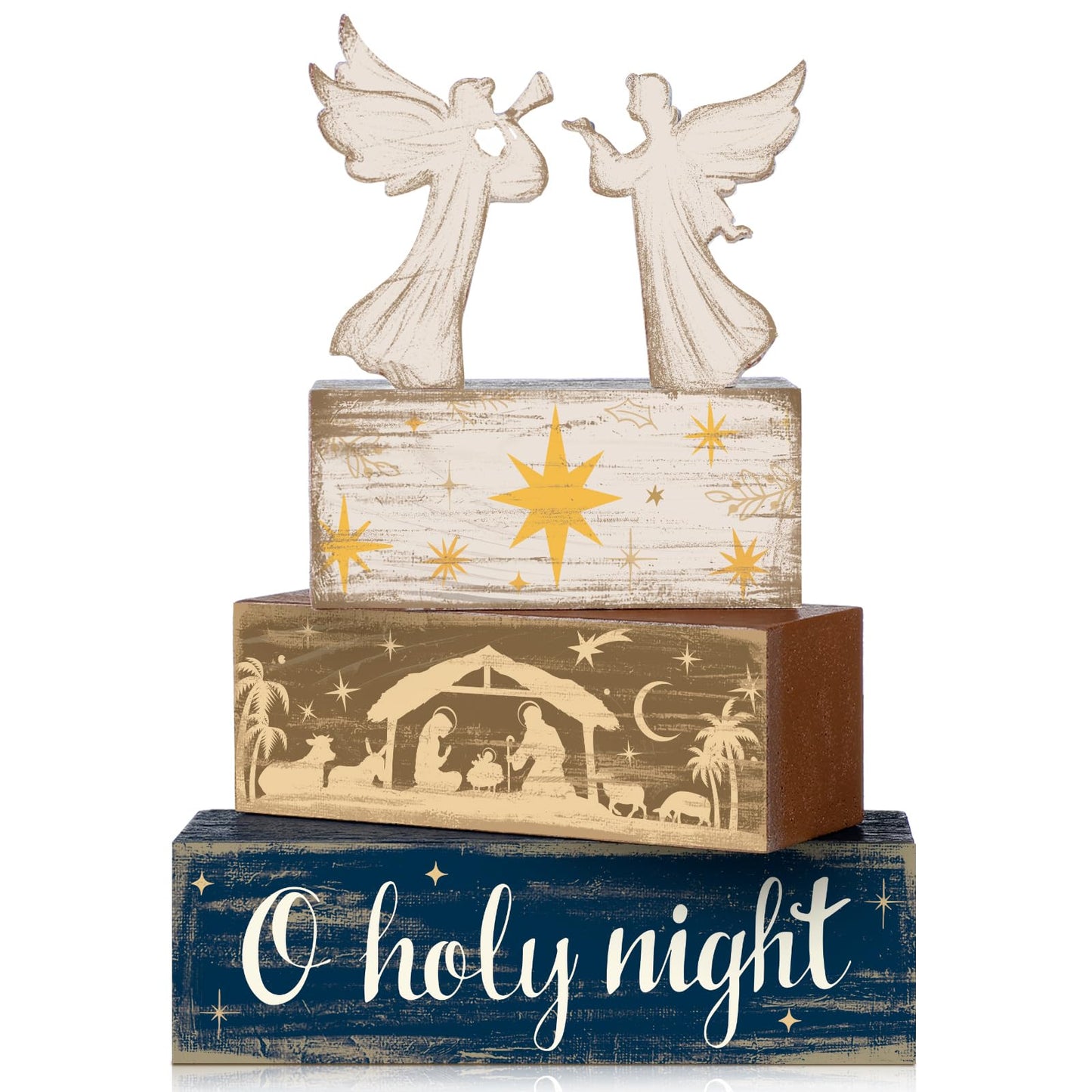 Moucuny 4 Pcs Christmas Angel Table Decor Christmas Wooden Decorative Signage Nativity Scene Tiered Tray Decor Xmas Centerpieces Farmhouse Wooden Block Set Xmas Table Sign for Home