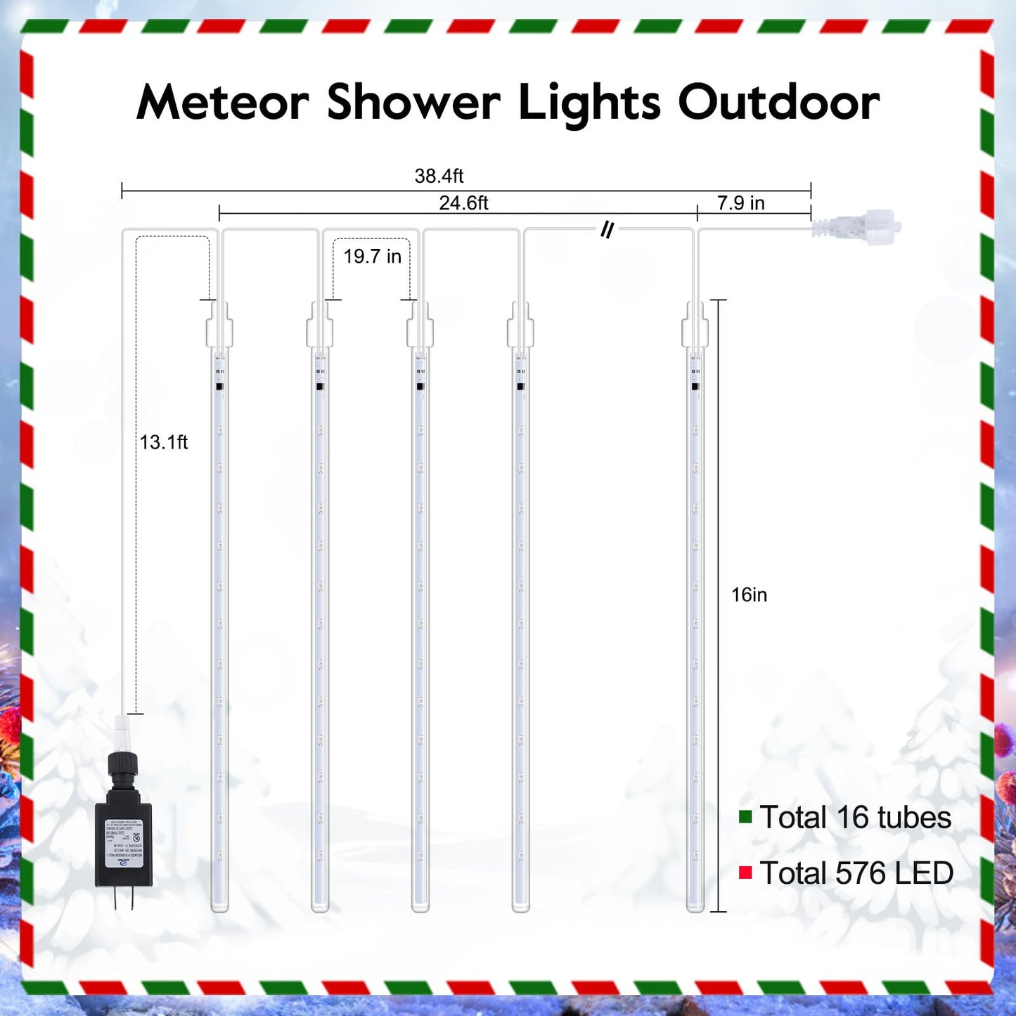 Brightown Meteor Shower Lights Outdoor, 16 Inches 16 Tubes 576 LED Icicle Lights, Waterproof Meteor Christmas Light Outdoor, Hanging Falling Rain Light for Tree Holiday Party Christmas, Warm White