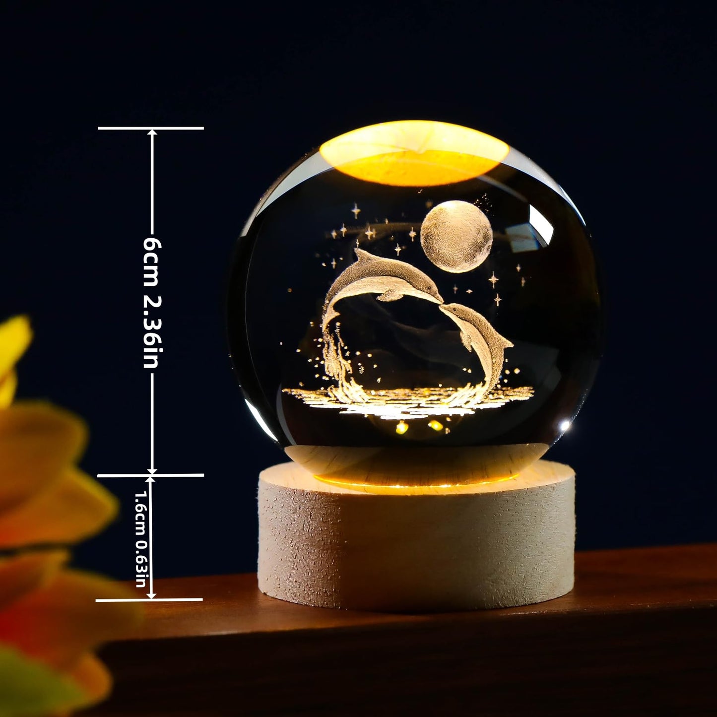 Arikyrist 3D Dolphin Crystal Ball Night Light, Glass Dolphin Lamp with Wooden Base, Laser Engraved Glass Sphere Home Decor