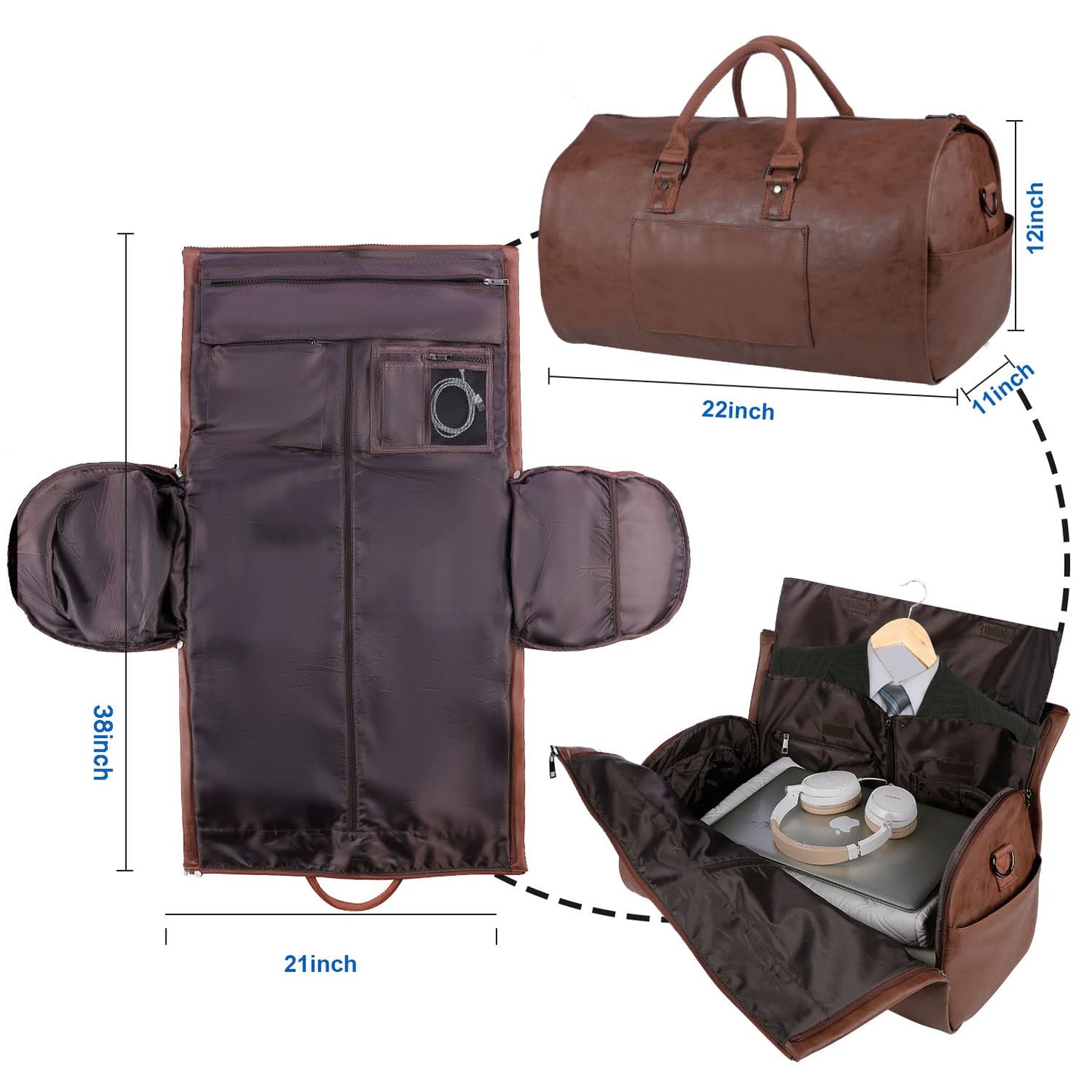 seyfocnia Carry On Garment Bag, Waterproof Mens Garment Bag for Travel Business, Large Leather Duffel Bag with Shoe Compartment -Brown