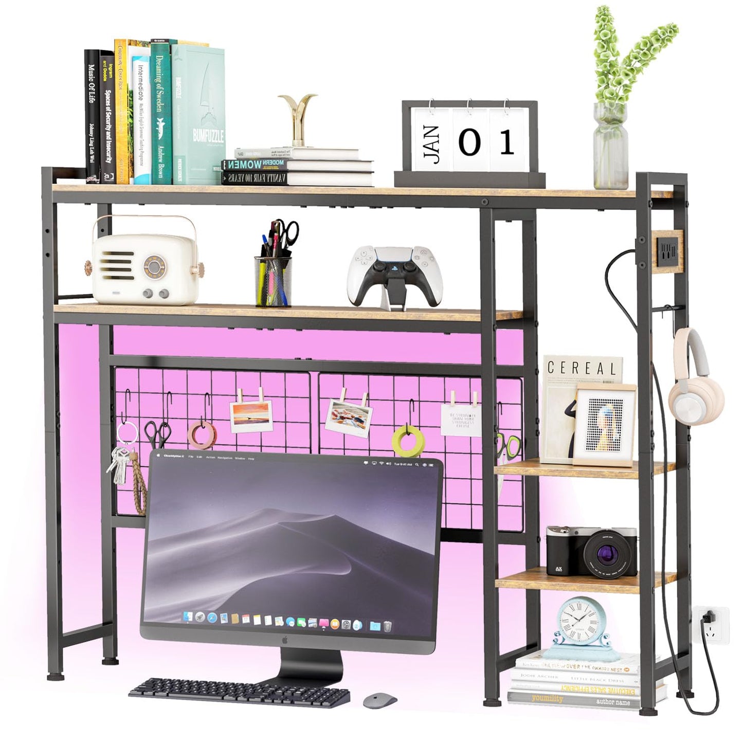 STEHEMO Desk Shelf for Top of Desk, 41.3" Desktop Organizer Shelf with Grid Panel & LED Lights, Desk Hutch for Computer Monitor, Wood Desktop Bookshelf for Home Office Dorm, with Power Outlets
