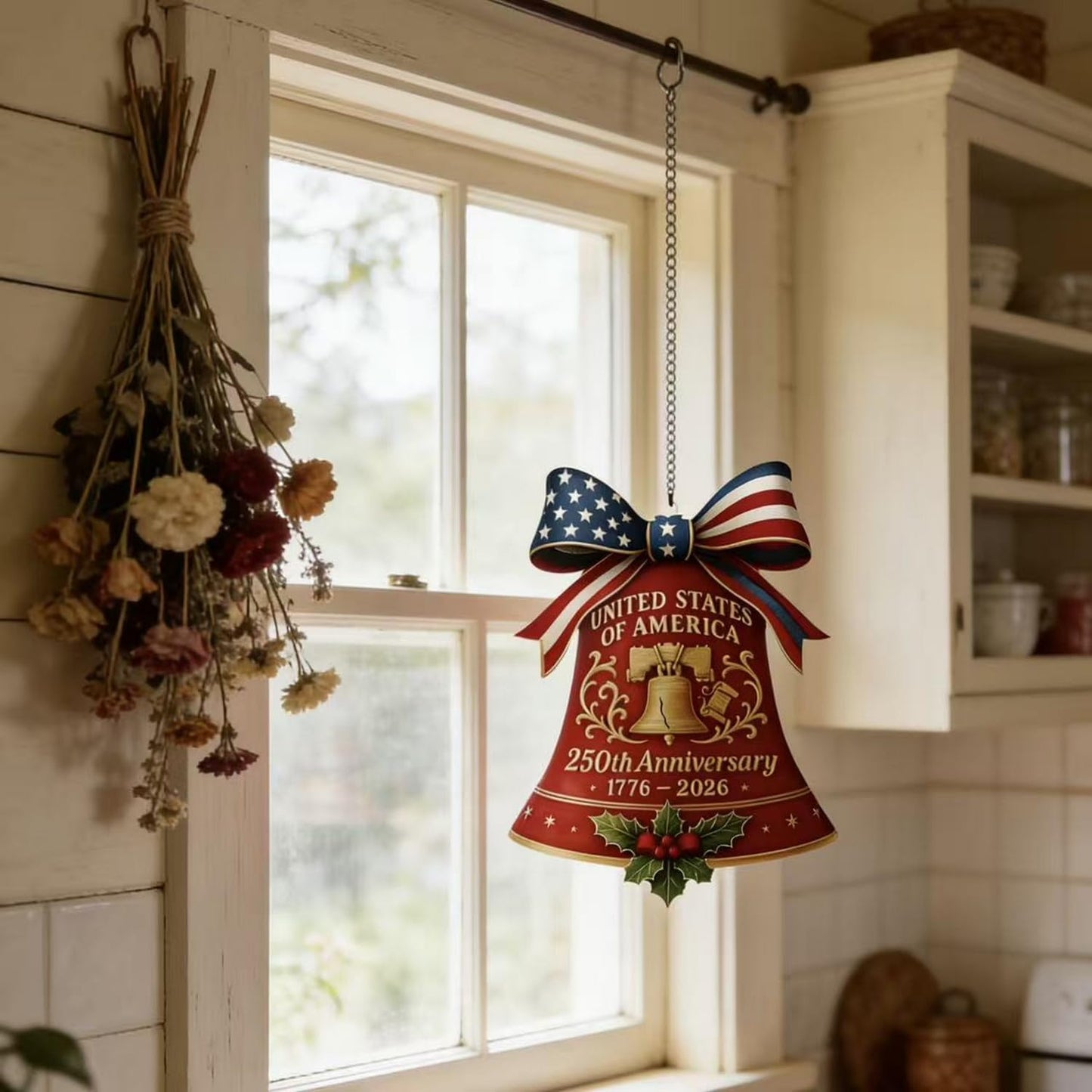July 4th 250th Anniversary Ornament,Bell Sun Catcher Hanging,Red with America Flag Designs Bow Patriotic Christmas Ornaments,Full Cover Acrylic Suncatchers for Windows Decor Party Supplies for Garden