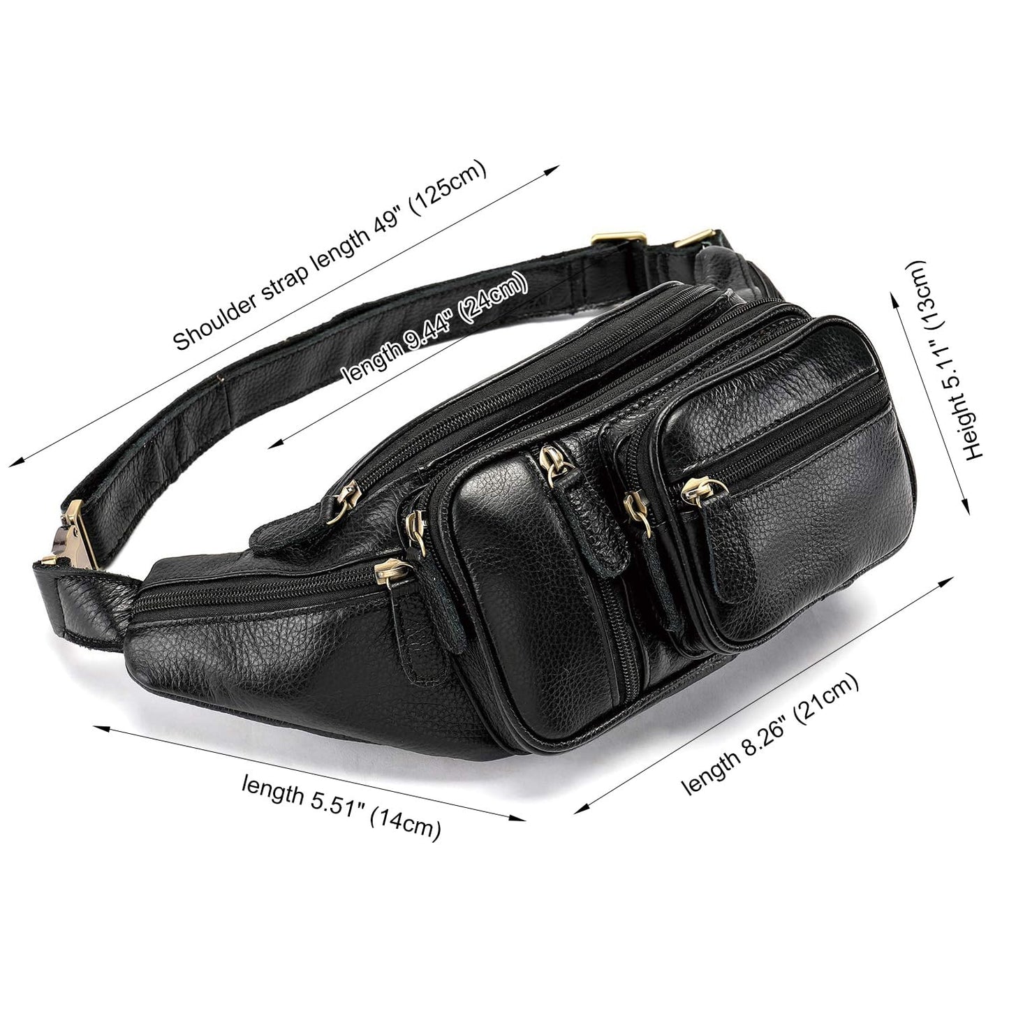 Genuine Leather Fanny Pack large capacity Crossbody Waist Bag with Zipper phone Pockets black