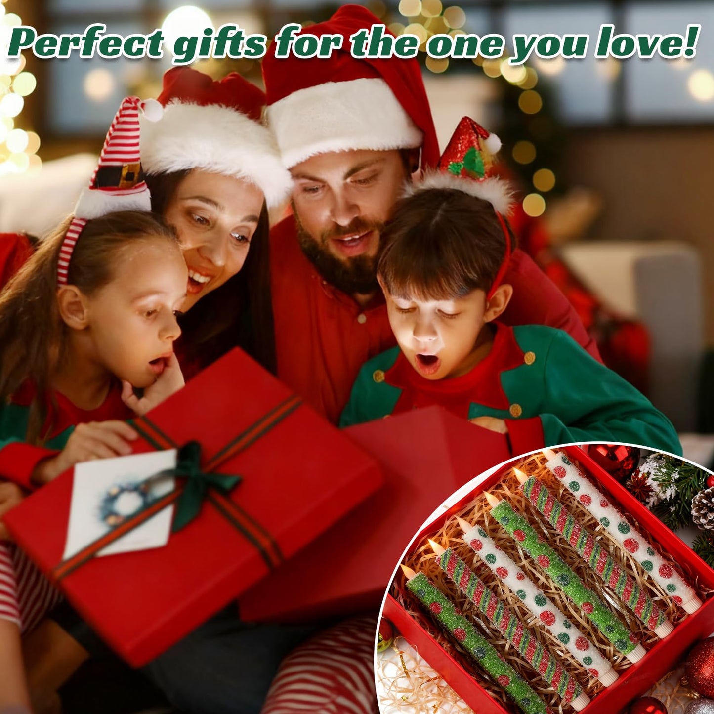 Christmas Elf Flameless Taper Candles - 6PCS Glitter Christmas Green Elf Theme Flickering LED Battery Operated Sea Salt Candles with Remote, Real Wax Party Decoration Candlesticks, Xmas Table Decor
