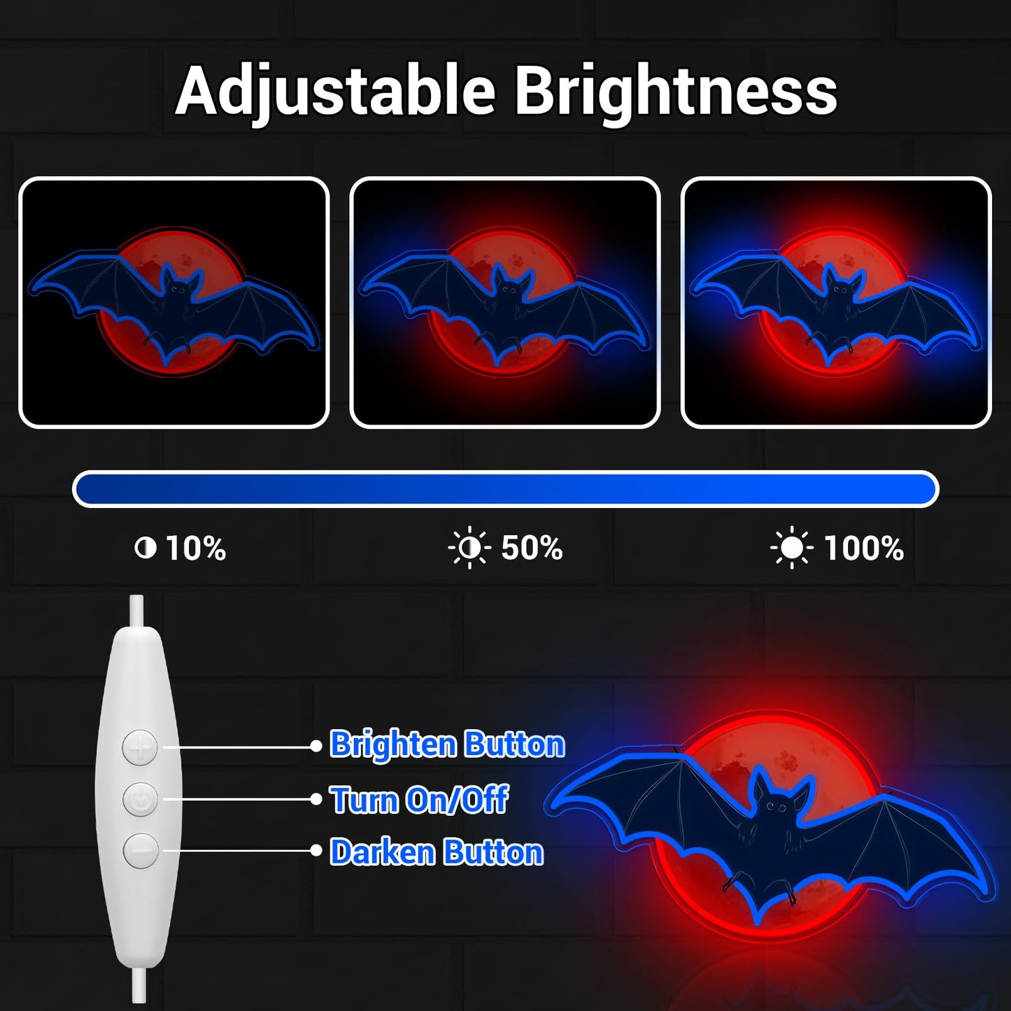 LMHSE Bat Moon Halloween Window Decorations, Neon Signs for Decorating Rooms, Windows, Funny Home Decor, Party, Halloween Decoration USB Powered (Black - Bat)