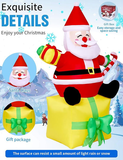 6FT Christmas Inflatables Outdoor Decorations,Inflatable Santa Claus Sitting on Gift Box Build-in LED Light-Christmas Blow Up Yard Decorations for Holiday Garden Lawn Yard Patio
