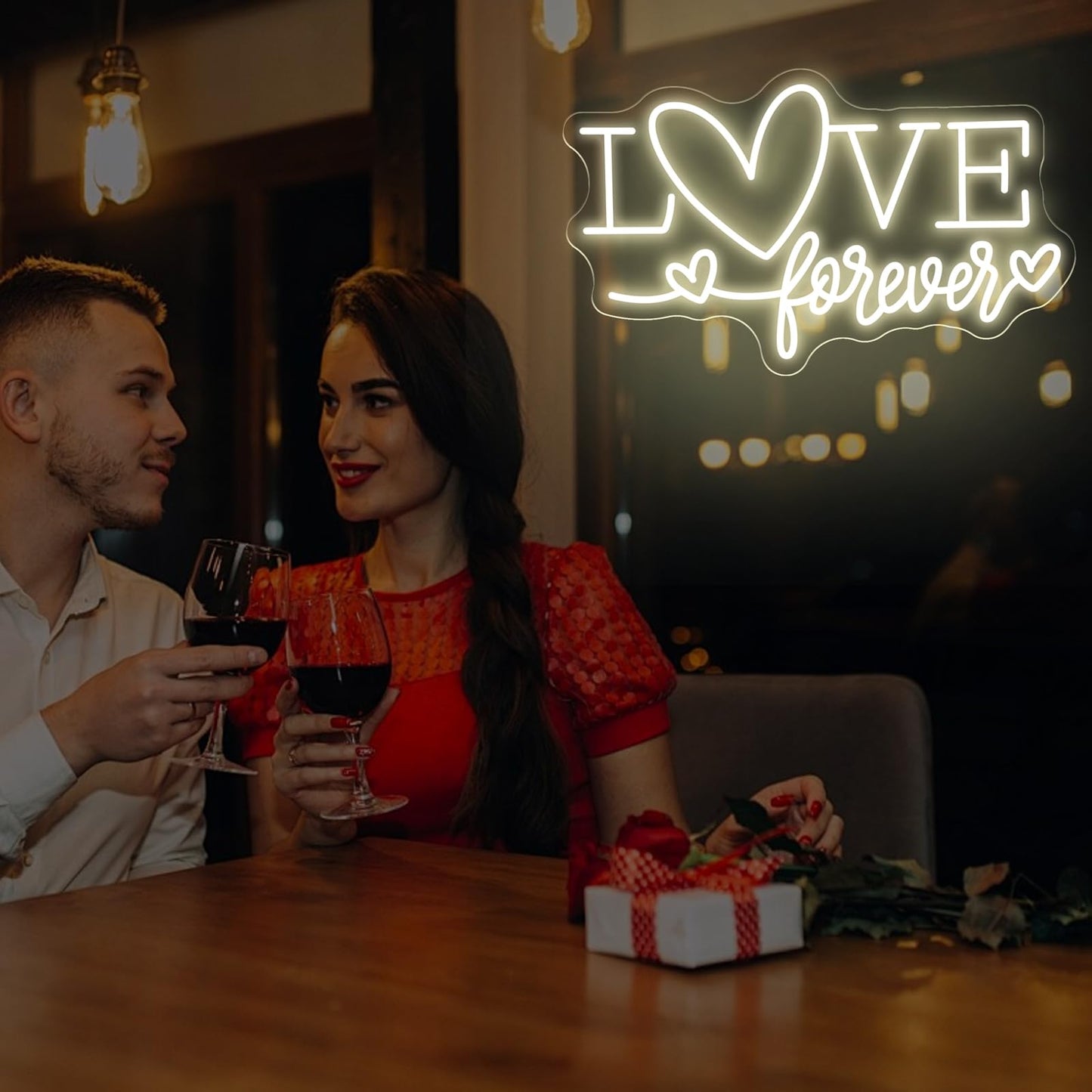 Love Forever Heart Neon Sign, Wedding Party LED Neon Light Valentine's Day Wedding Backdrop Decor Gift For Lover Valentine's Day Gift, LED Romantic Light, Couple Space Accent-Warm White-16.5"