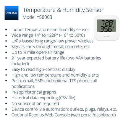 YoLink Smart Wireless Temperature & Humidity Sensor, 3-Pack, Wide Temp Range for Fridge, Green House, Pet Cage, App Alerts, Emails, Text/SMS alerts- Hub Required