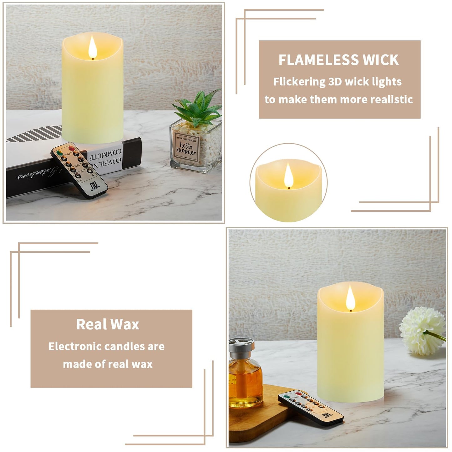 Guluto Flickering Flameless Candles with Rechargeable Battery, Electronic Candles with Remote and Timer, led Pillar Candles Real Wax Wick, led Candles for Home, Wedding, Halloween, Christmas 3" x 6"