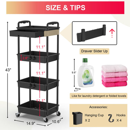 Goovilla 3 Tier Rolling Utility Cart Organizer with Removable Drawer, Stable and Sturdy Black Rolling Storage Carts with 2 Lockable Wheels for Bathroom, Kitchen, Snack, Craft, Makeup, Baby Essentials