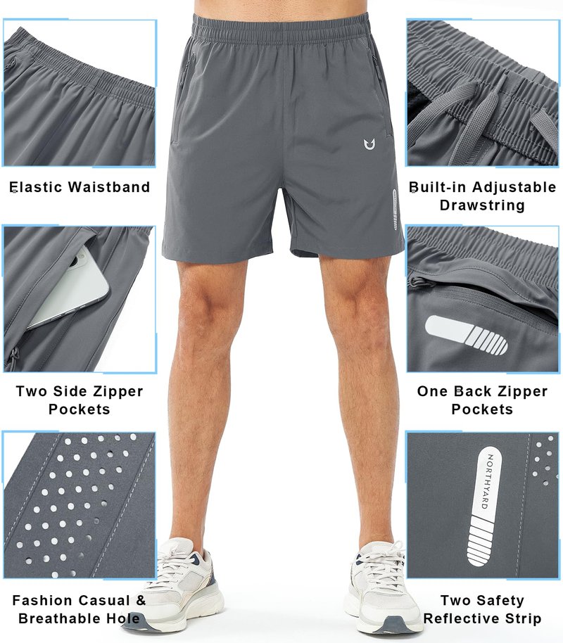 NORTHYARD Men's Athletic Running Shorts Gym Workout 7"/9"/5" Quick Dry Lightweight Sports Basketball Tennis 3 Zipper Pockets SMOKEGREY-5inch 4XL