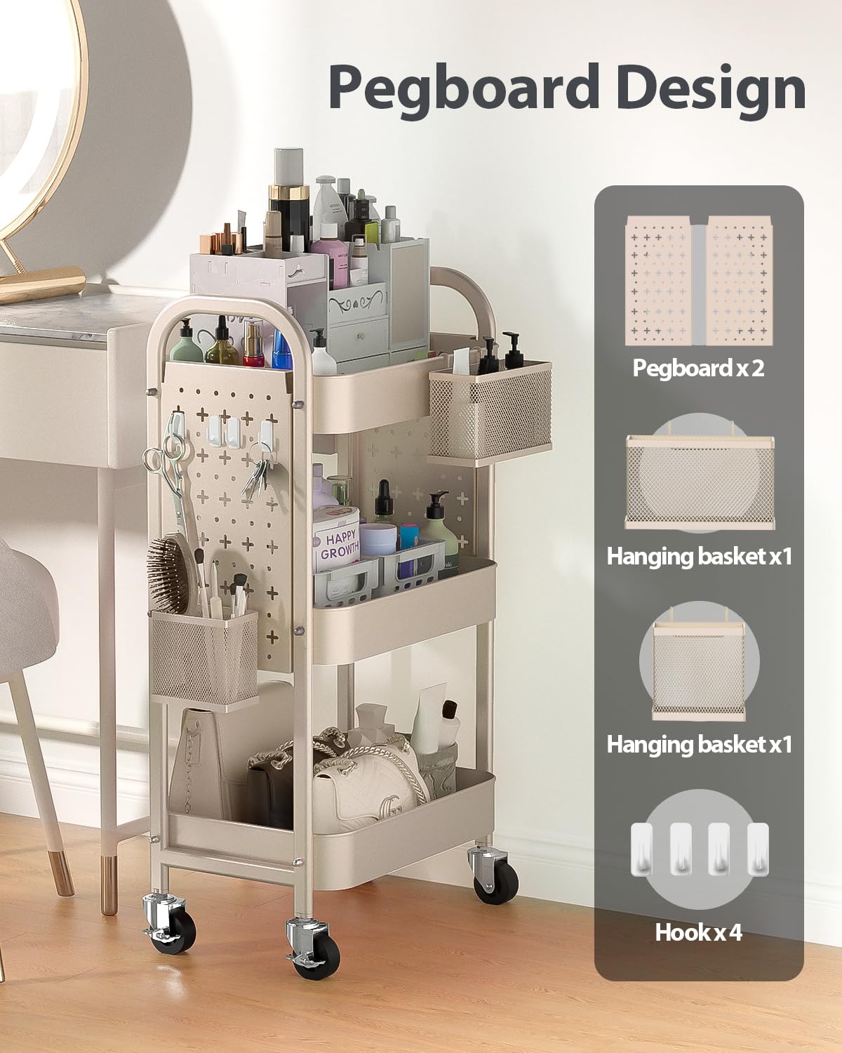 ALVOROG 3 Tier Rolling Cart with DIY Pegboards Metal Utility Cart with Wheels Handles Baskets Hooks, Craft Cart for Office Kitchen Bathroom(Khaki)