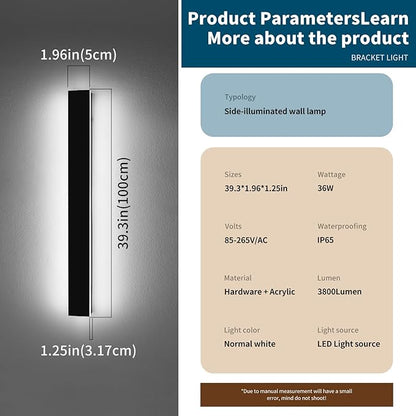 39.3inch Modern Outdoor Wall Light, Black Outside LED Wall Sconces, 6000K Cold White, 36W, IP65 Waterproof, Long Linear Exterior Lighting Fixture for House, Garage, Porch, Garden