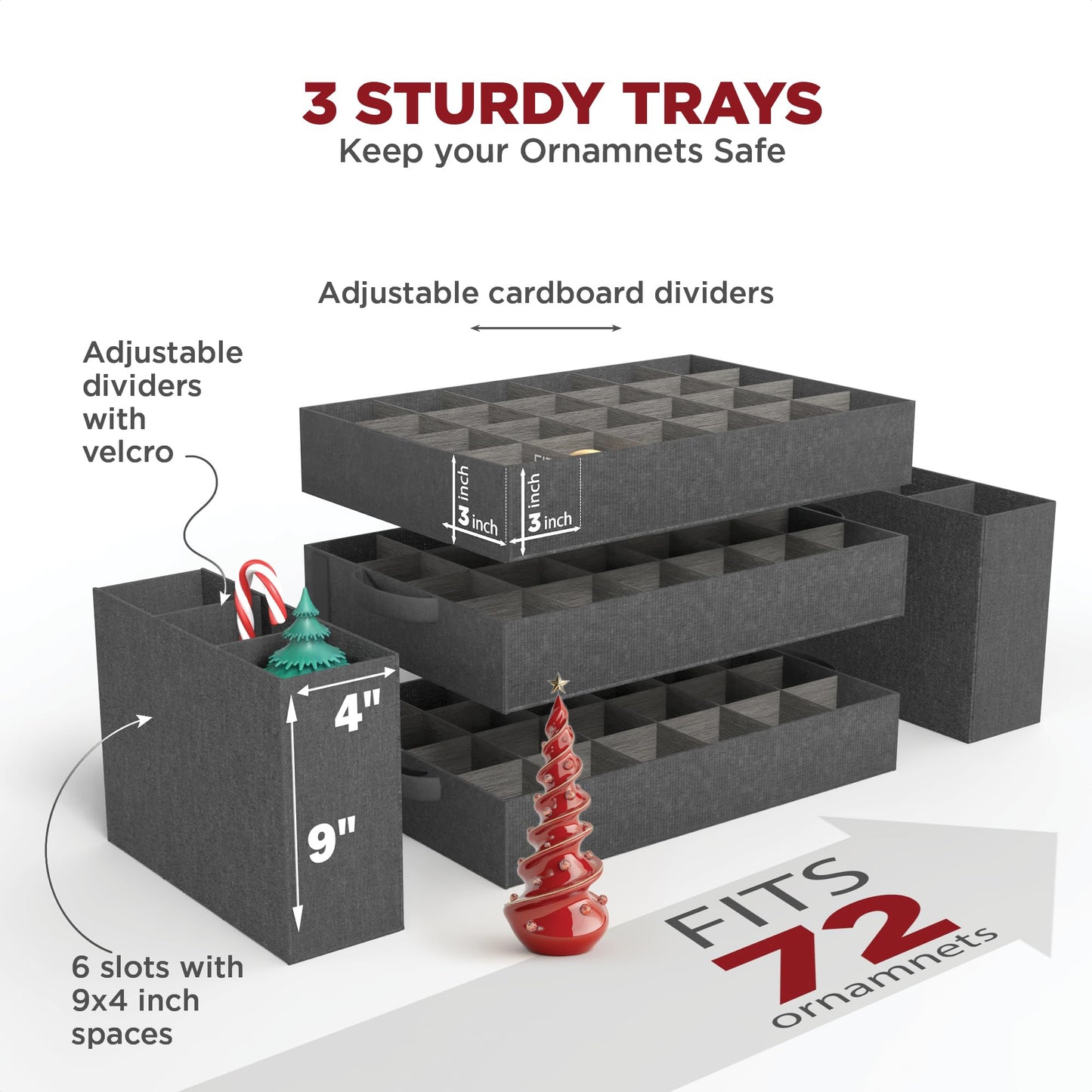 Premium Christmas Ornament Storage Box – Holds up to 72-3” Ornaments + 6 Side Slots for Figurines & Nutcrackers – Holiday Decoration Organizer – Durable 600D Red Canvas