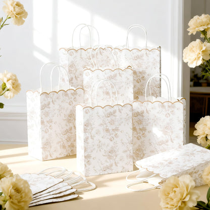 Kolldenn 24 Pcs Beige Floral Party Favor Bags with Handles Scalloped Wildflower Goodie Candy Gift Treat Bags for Birthday Decoration for Bridal Baby Shower Party Supplies