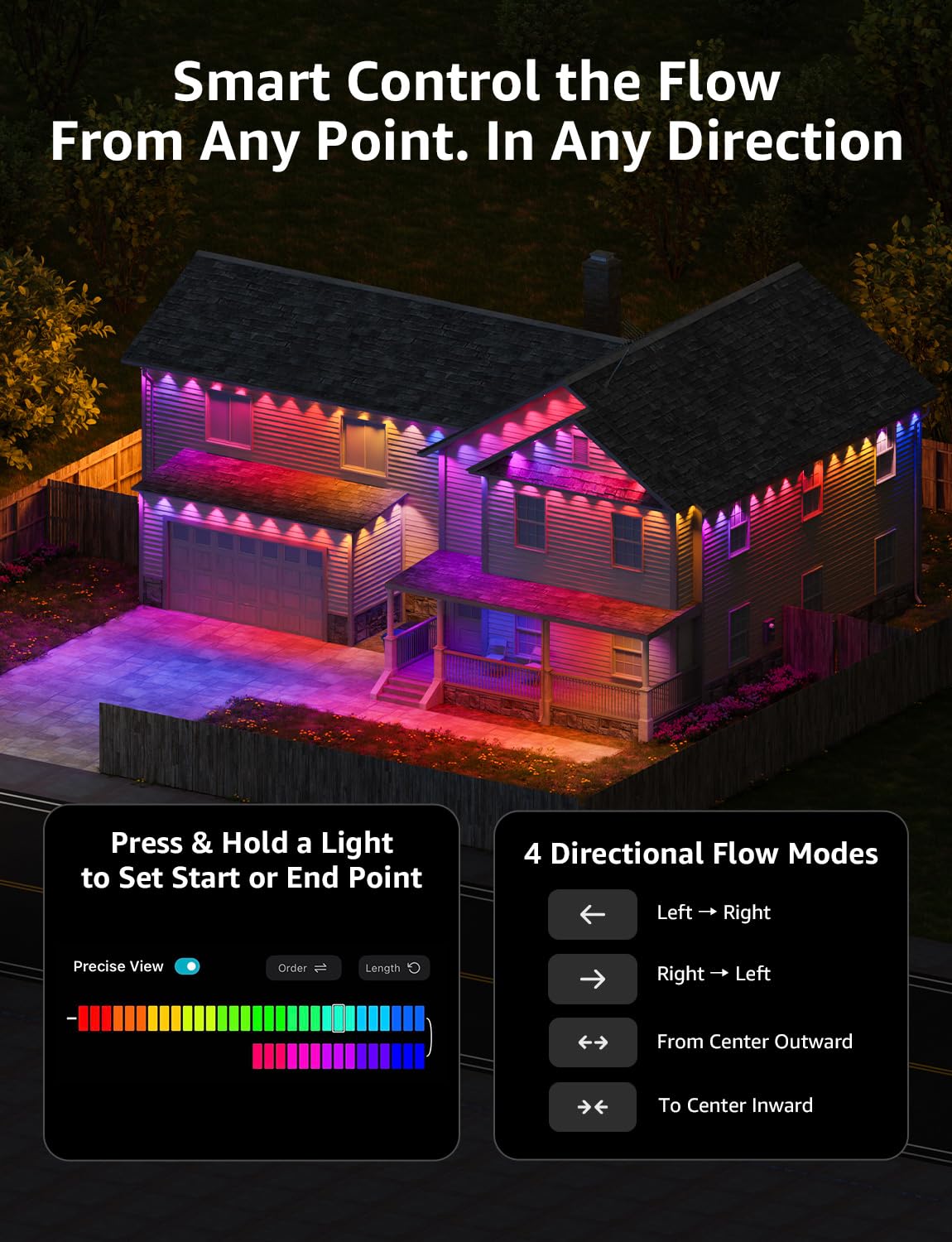 Lepro EE1 AI Permanent Outdoor Lights with Dual-Output, 300ft 180 LED RGB+IC Smart Outside Light for House Christmas Decor,Alexa Google Enabled 2.4 GHz WiFi/Bluetooth, APP Control No Remote Controller