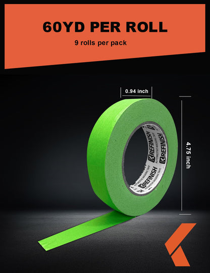 KREFINISH Painters Tape for Car Paint Green No Residue Automotive Masking Tape for Automotive Paint - Heat Resistant for Paint Booth, 1.41 Inches x 60 Yards, 9 Rolls