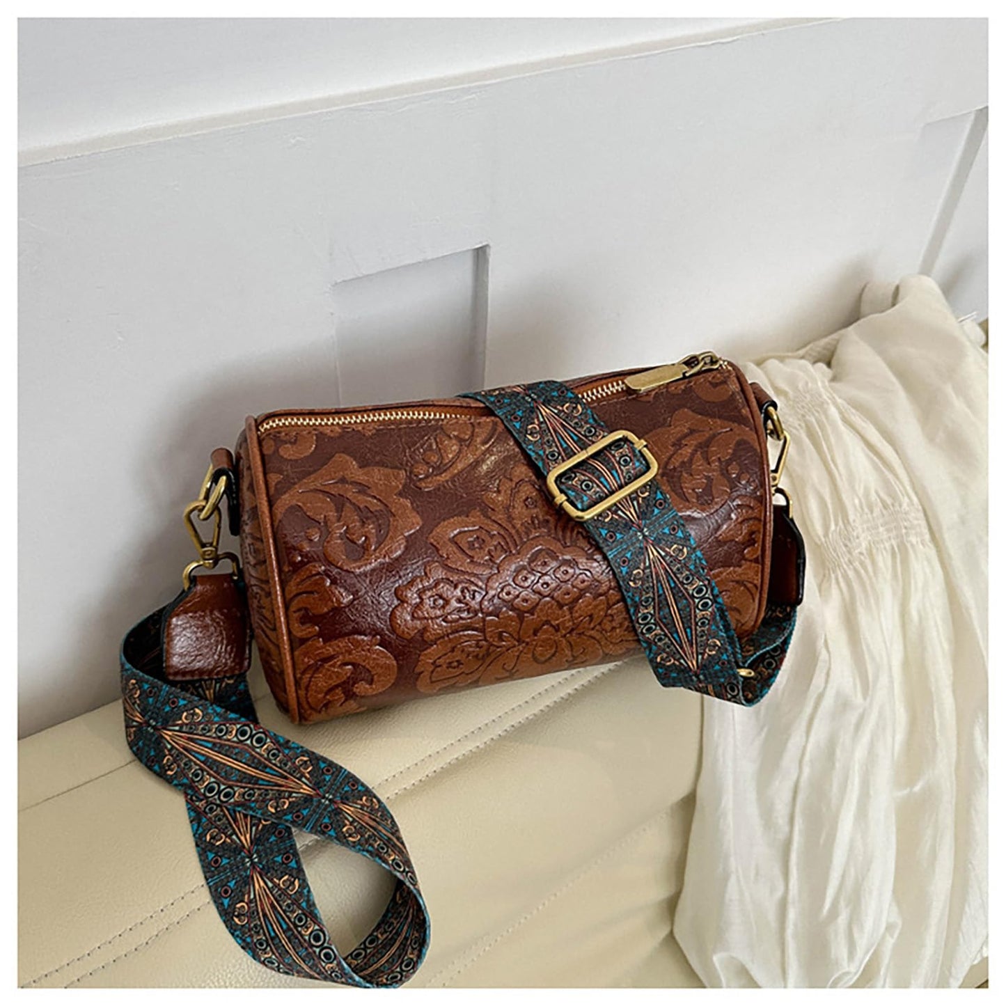 KJDFHNB Small Western Crossbody Bag for Women Trendy Wide Strap Shoulder Bags Design Floral Shoulder Cluth Purse Bag and Handbag (brown)