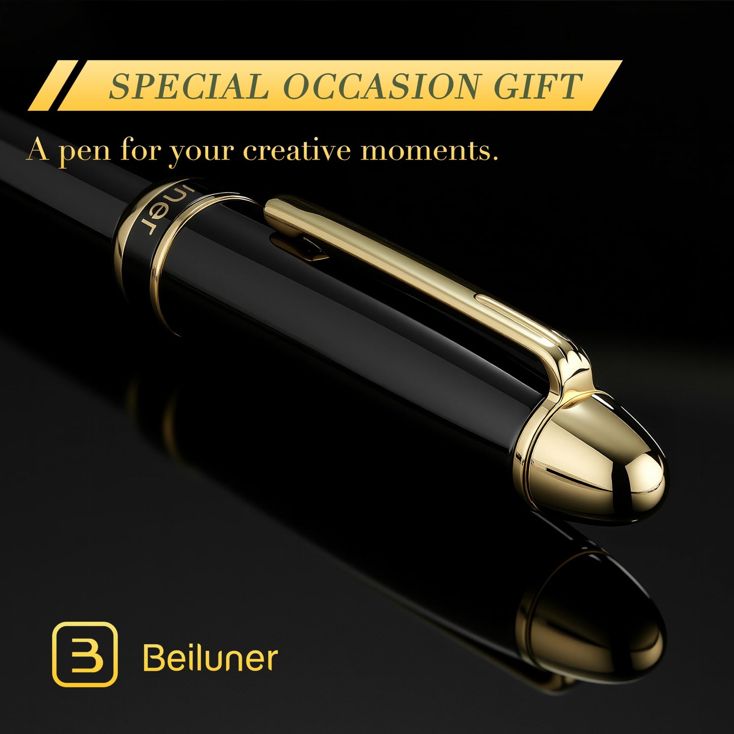 BEILUNER 315 Black Fountain Pen,Stunning Luxury Pens with 24K Gold Accents, Gorgeous 24K Gilded Nib(Medium), Ink Converter,Fancy Pen Gift for Men&Women-Elegant, Office, Reliable, Nice Design