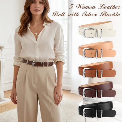 IMengjbang 5Pcs Womens Leather Belt Silver Buckle Fits Waist 25-35 Inches, Ladies Belts for Jeans with Silver Buckle 10 Adjustable Holes