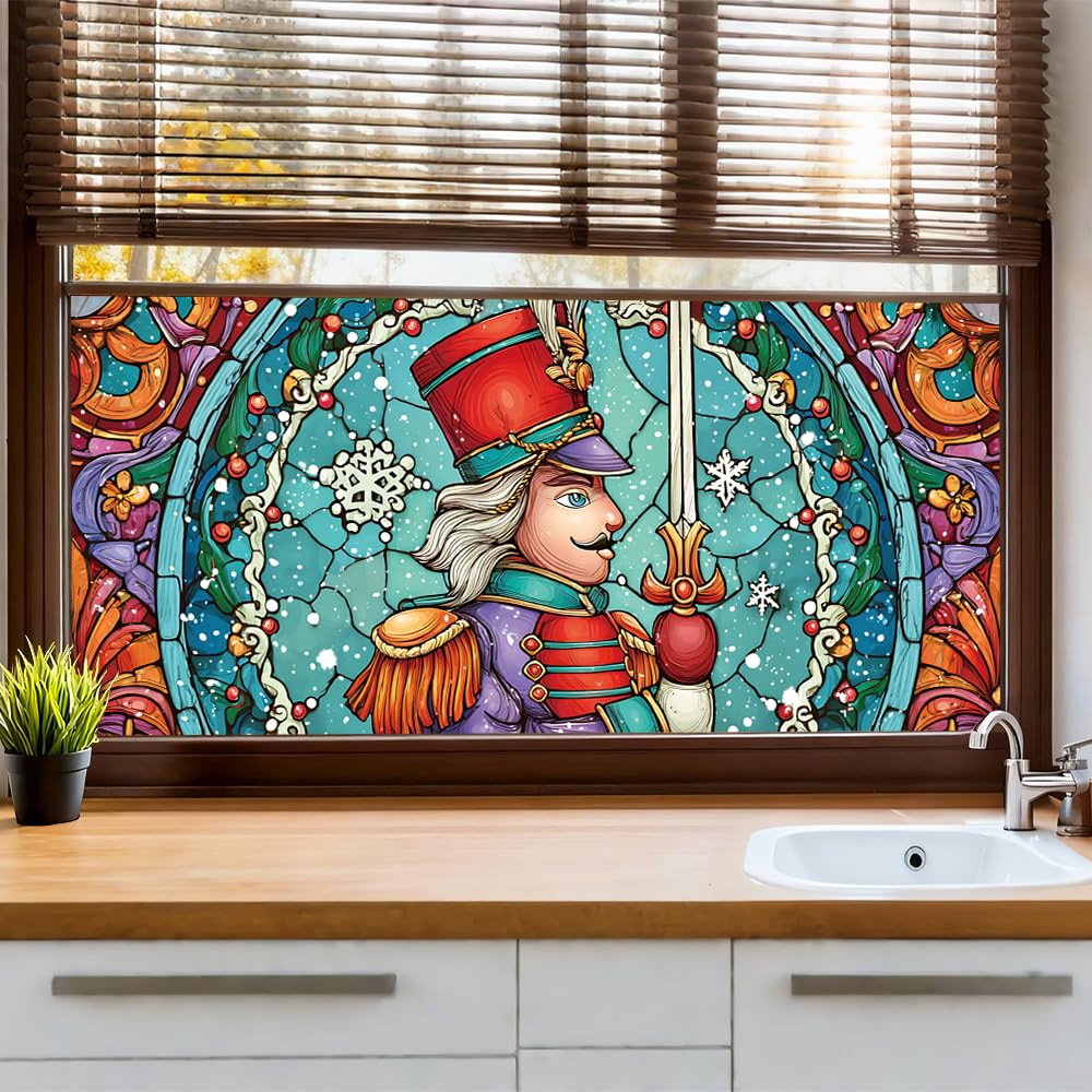 WDESYADMS Window Film 39.4×17.3 Inch PVC Stained Glass Style Winter Holiday Toy Soldier Design Decorative Window Film for Privacy Seasonal Home Window Covering