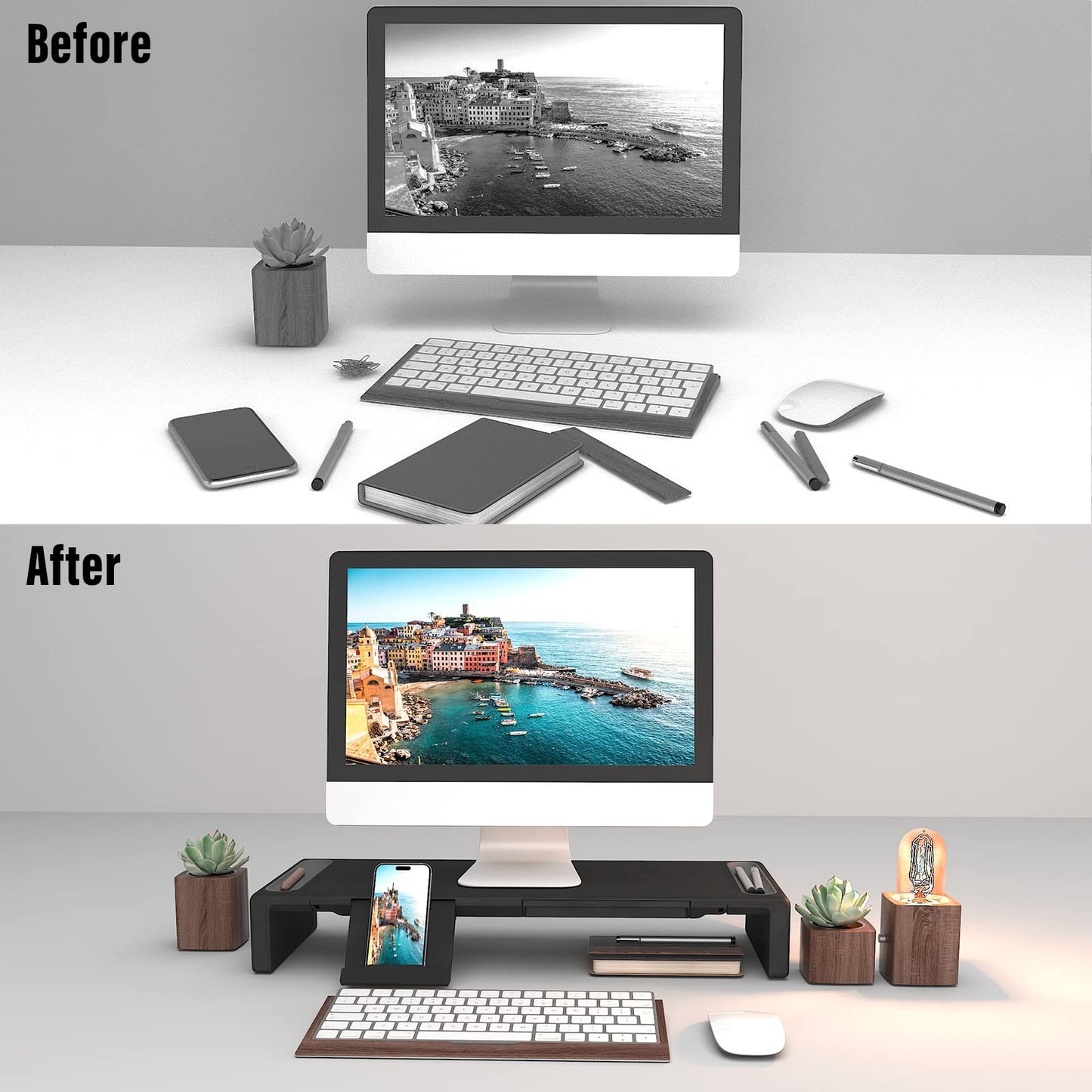OImaster Monitor Stand Riser, Foldable Computer Monitor Riser, Adjustable Length Computer Stand and Storage Drawer & Pen Slot, Phone Stand Compatible Computer, Desktop, Laptop, Save Space (Black-Basic)