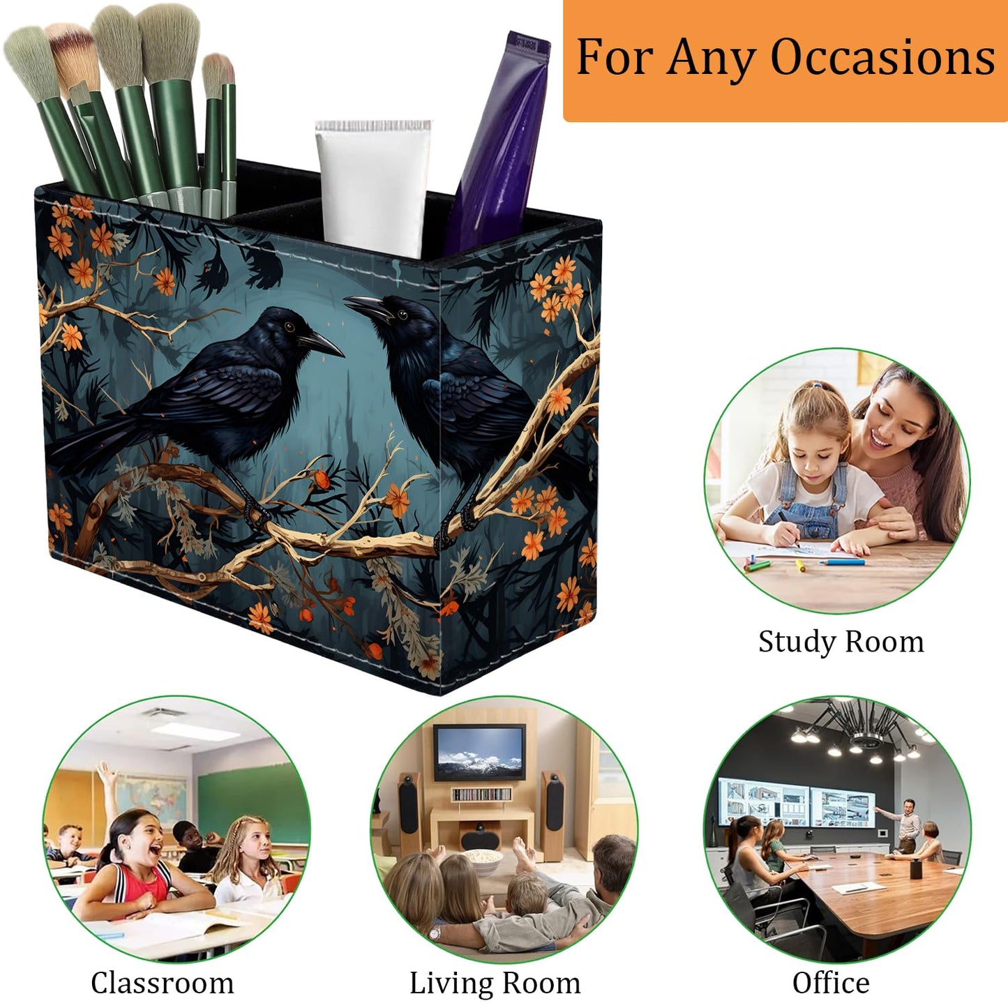 VSHSEEOM Pen Holder for Desk, PU Leather Multifunctional Desktop Storage Box and Anti-Slip Mouse Pad Set, Makeup Brush Holder Pen Organizer for Office and Home - Branch Crow