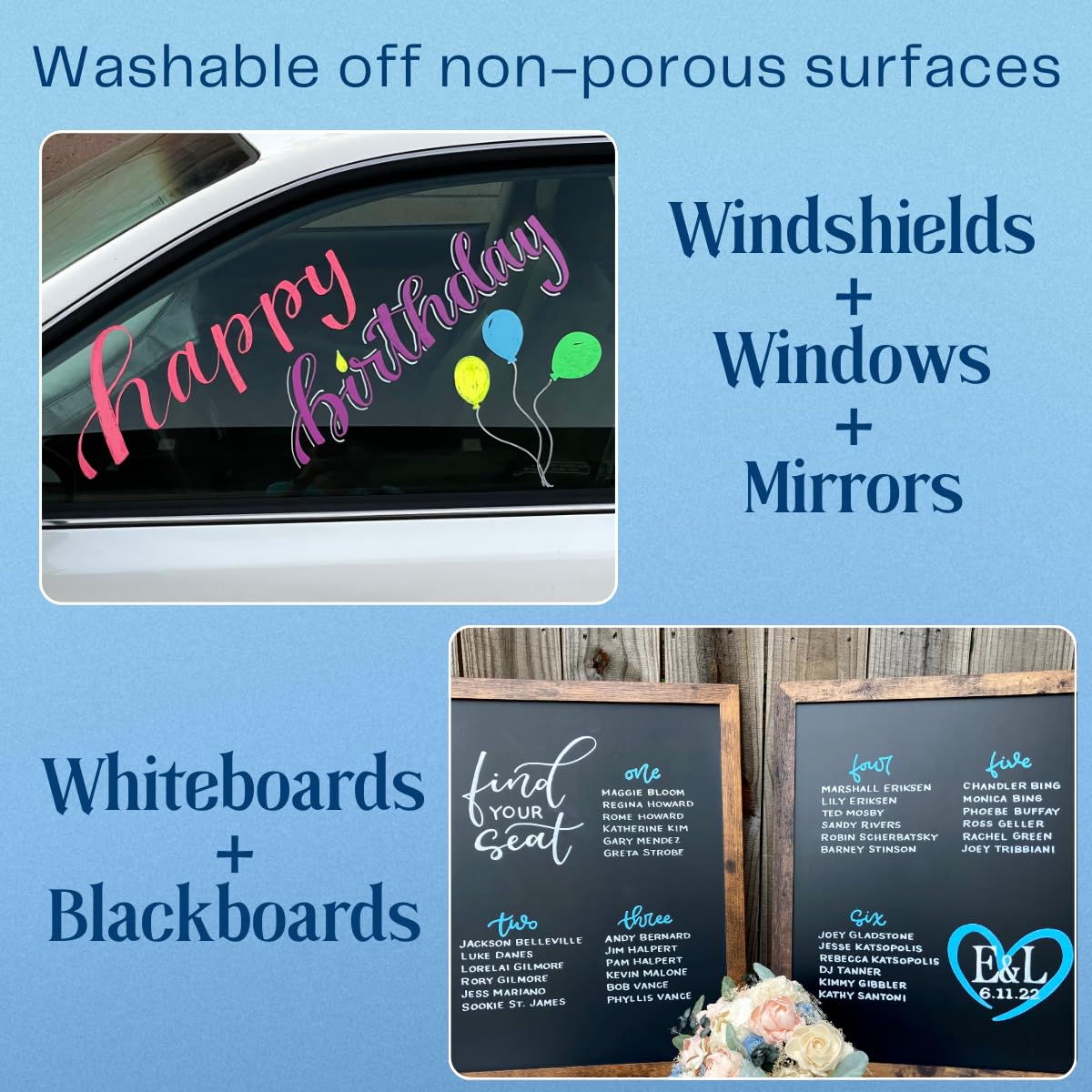 10mm JUMBO Tip Liquid Chalk Drawing Markers for Car Windows, Auto Windshields, Mirrors, White Boards, Retail + Restaurant Signs. Erasable Chalk Markers – Washable – Neon 8pck - 3 writing options