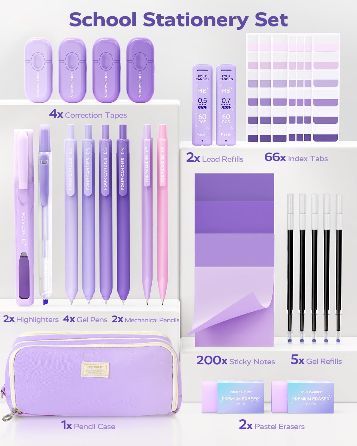 Four Candies Purple School Supplies, Gel Pens with Black Ink,Correction Tapes,Pastel Highlighters, Mechanical Pencils, Sticky Notes, Index Post for Bible Study Stationary College Essentials